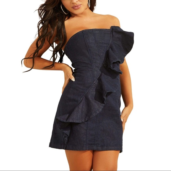 NWT Guess Strapless Ruffle Denim Dress Size S - Picture 1 of 13